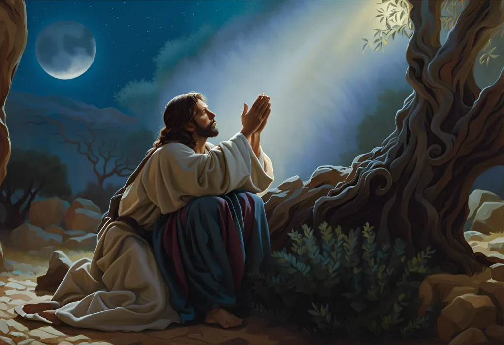 Jesus praying at night under the moonlight in the garden